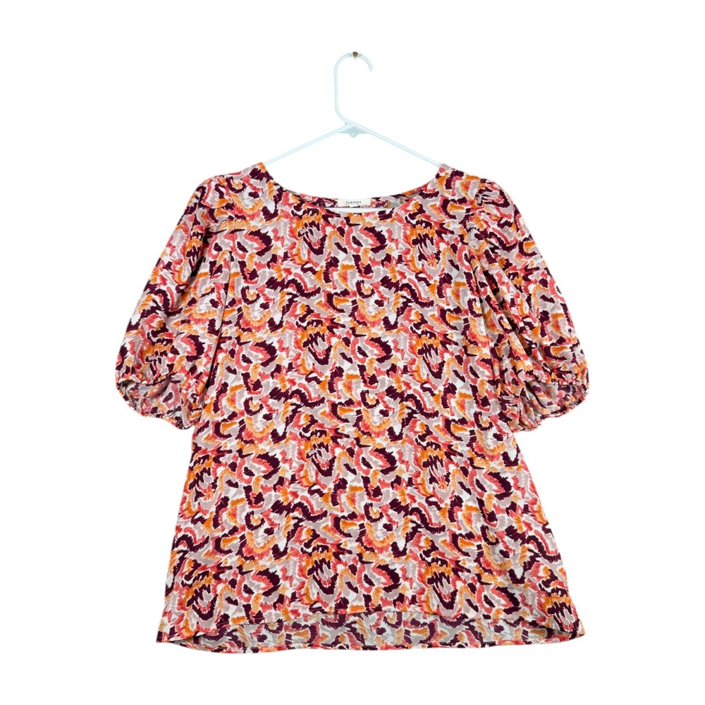 Pleione Womens Blouse Top Large Multicolor Abstract Print Puff Sleeve Scoop Neck